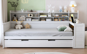 English Elm Wooden Twin Daybed with Trundle, Built-In Desk and Side Storage Shelves for Space-Saving Living Antique White 54.4 L x 18 W x 5.6 H N733S242275K