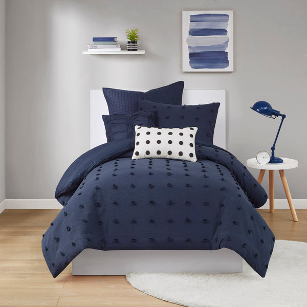 JLA Home Urban Habitat - Cotton Brooklyn Cotton Jacquard Comforter Set with Tufted Chenille Dots, Hypoallergenic OEKO-TEX Certified Navy UH10-2261