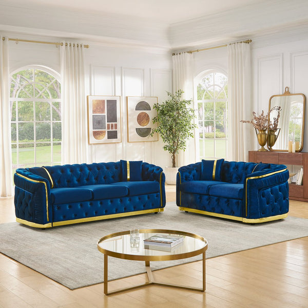 English Elm 2 Piece Velvet Chesterfield Sofa Set with Gold Steel Trim Button Tufted Living Room Couch Navy Blue W1191S00101