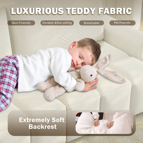 English Elm 90.2" Plush Teddy Fabric Convertible Sleeper Sofa with Hidden Storage for Living Room Beige+White W1885S00311