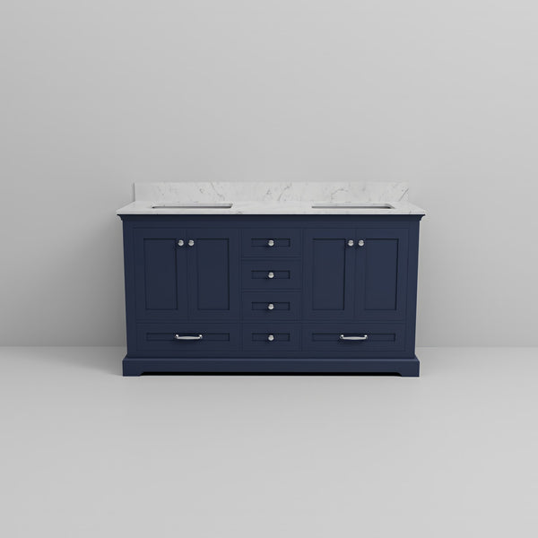 English Elm Navy Blue Double Bath Vanity With Carrara Marble Top - Elegant Storage Solution For Your Bathroom B2731P258243