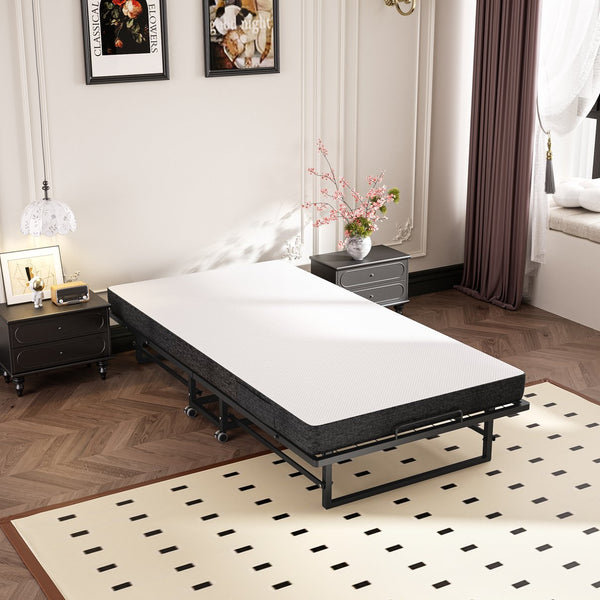 English Elm Portable Rollaway Guest Bed with Memory Foam Mattress Steel Frame and Storage Wheels T3210P471560