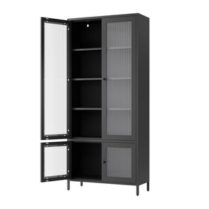 English Elm Large Metal Storage Cabinet with Fluted Tempered Glass Doors, 5-Shelf Steel Bookcase for Home Office W2378P176272