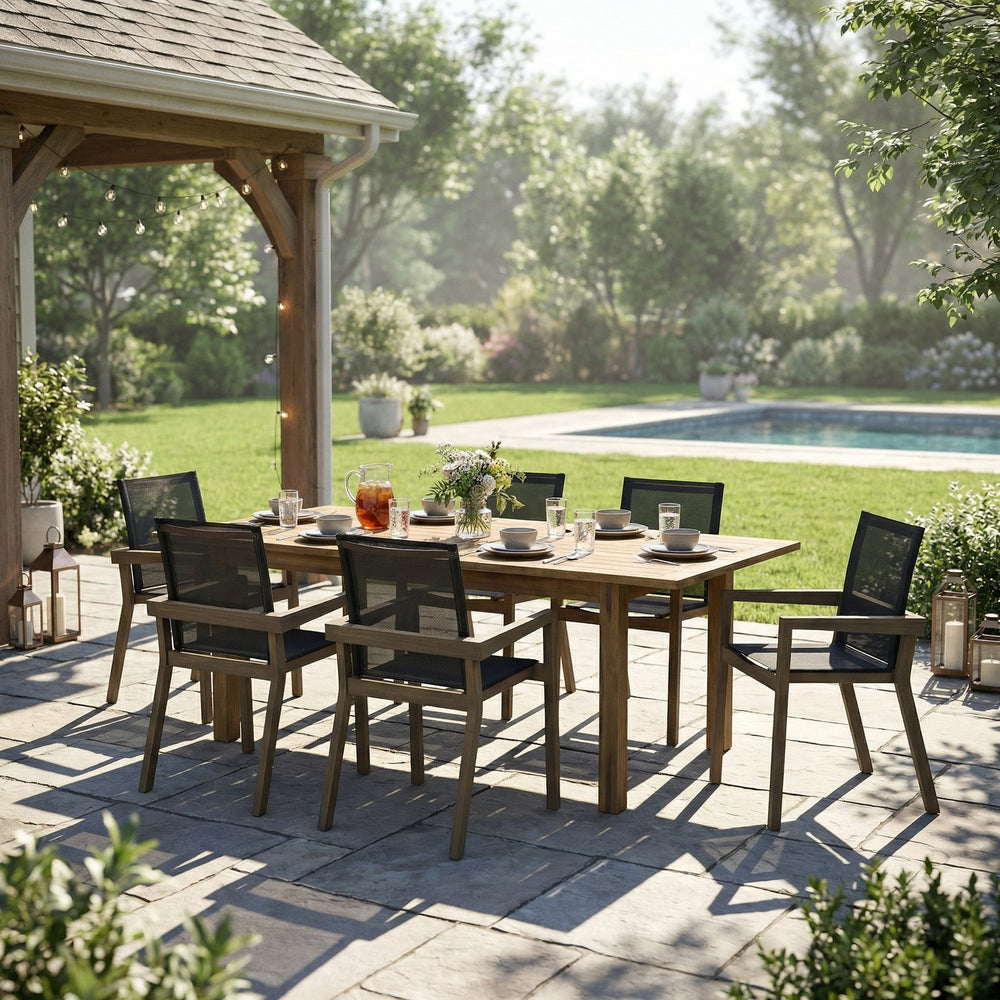 English Elm 7 Piece Solid Acacia Outdoor Dining Set Extendable Table Mesh Seats Patio Ready N762S000003AAE