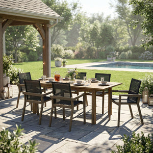 English Elm 7 Piece Solid Acacia Outdoor Dining Set Extendable Table Mesh Seats Patio Ready N762S000003AAE