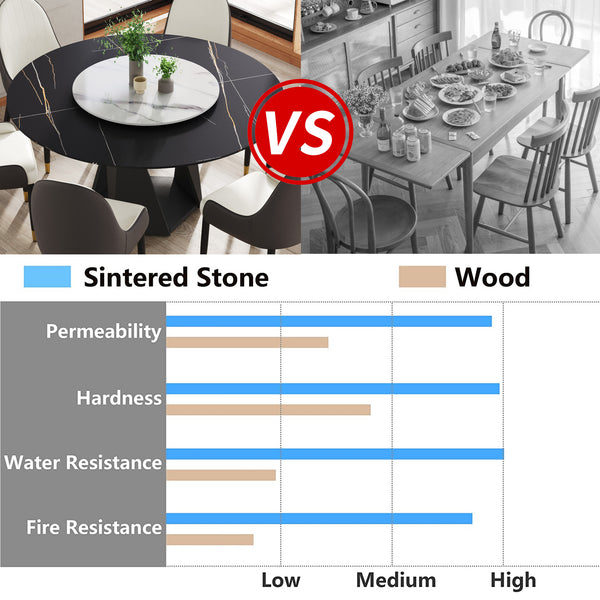 English Elm 59.05" Round Marble Dining Table With Lazy Susan, Black Iron Base For 6-8 People, Elegant Centerpiece W1535S00405
