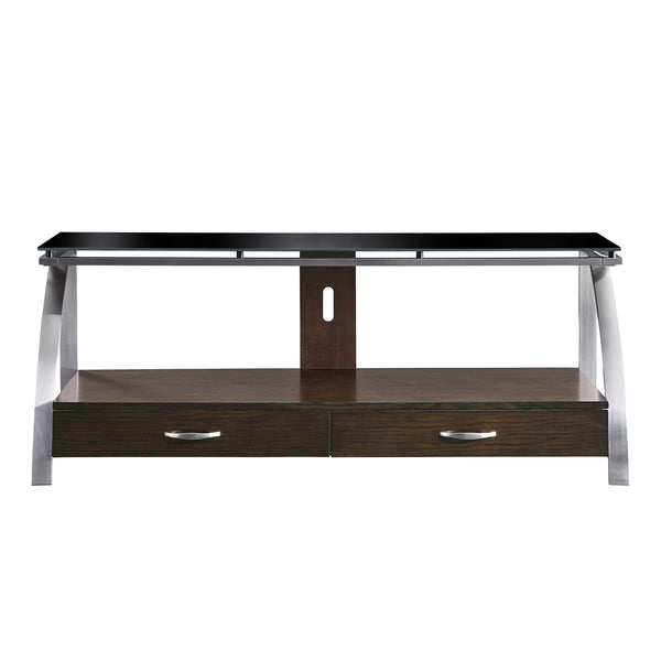 English Elm 1pc Tioga Modern TV Stand with Glass Top & Brushed Chrome Frame, Espresso Shelf, Drawers, 60" B011P289735