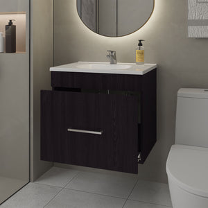 English Elm Story Floating Bathroom Vanity Set with Sink One Drawer - Space-Saving Wall-Mounted Modern Design, Scratch-Resistant Finish Wenge 28 L x 23 W x 12 H B128P314807