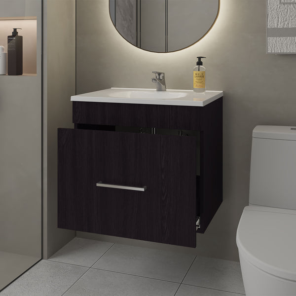 English Elm Story Floating Bathroom Vanity Set with Sink One Drawer - Space-Saving Wall-Mounted Modern Design, Scratch-Resistant Finish Wenge 28 L x 23 W x 12 H B128P314807