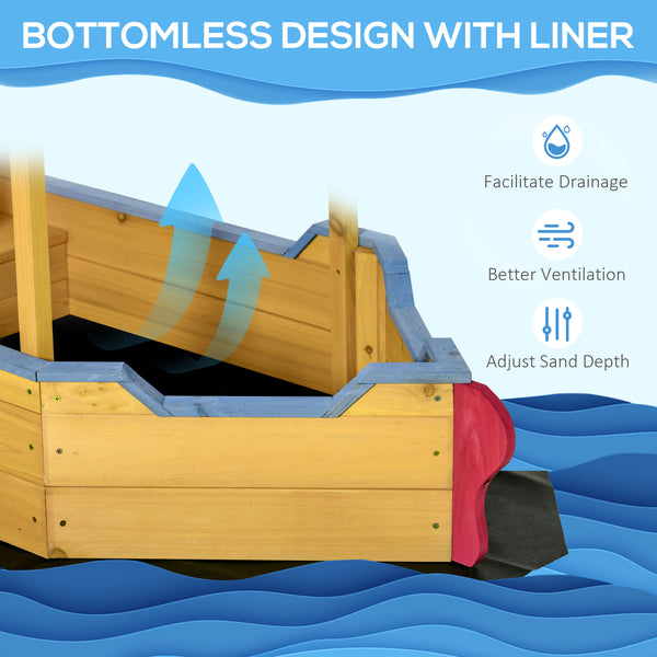 English Elm Outsunny Wooden Pirate Ship Sandbox with Canopy Storage Bench Outdoor Kids Play W2225P217334