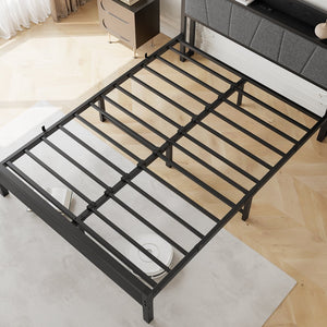 English Elm Queen Upholstered Storage Bed Frame with Charging Station, 11 Metal Slats, No Box Spring Needed W840P195212