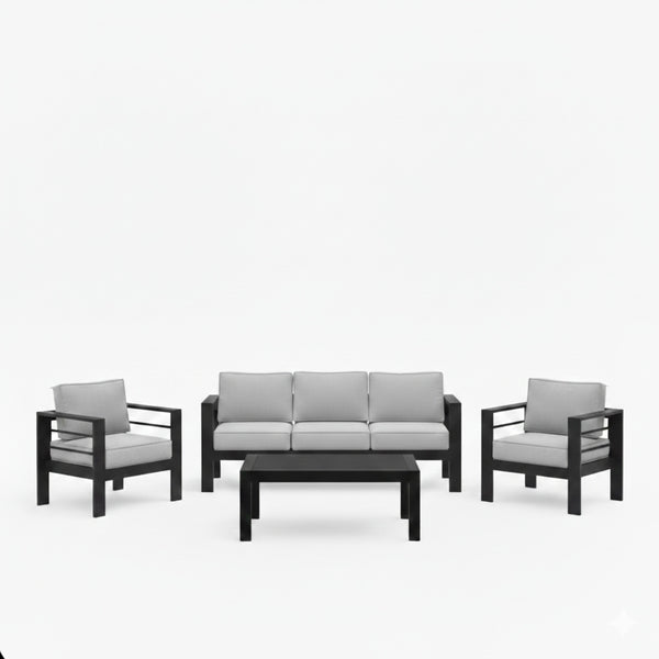 English Elm All-weather Outdoor 4 Piece Iron Conversation Set with Olefin Cushions and Wood Grain Table Light Gray B082S00105