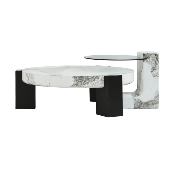 English Elm Bianco Marble-Pattern Coffee Table with Side Table Set — Modern White Top, Black Wood Legs, Durable Elegance B341S00040