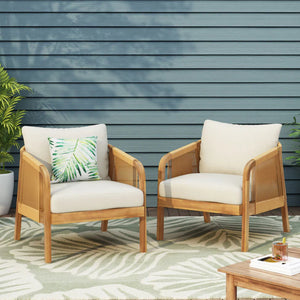 English Elm Christopher Knight Home® - Set of 2 Acacia Wood Outdoor Club Chairs with Wicker, Teak Finish & Beige Cushions, Deep Seat Comfort 72409.00LBGE-2