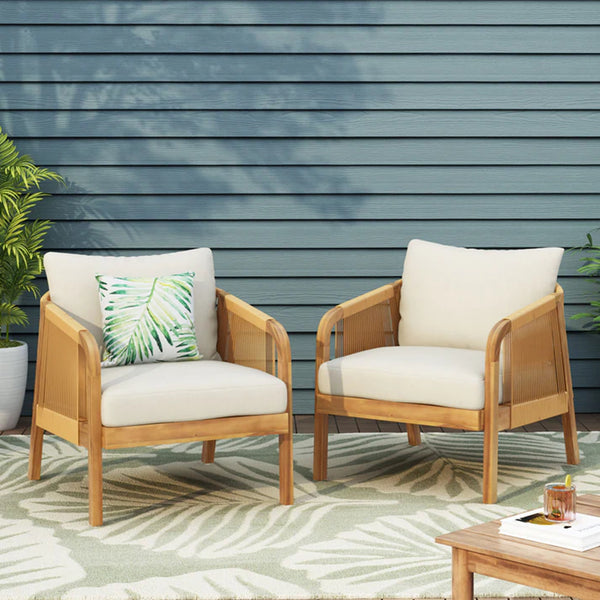 English Elm Christopher Knight Home® - Set of 2 Acacia Wood Outdoor Club Chairs with Wicker, Teak Finish & Beige Cushions, Deep Seat Comfort 72409.00LBGE-2