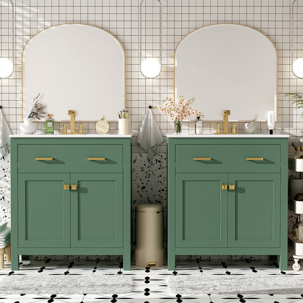 English Elm 60" Modern Bathroom Vanity Set with Double Ceramic Sinks, Soft-Close Doors, Flip Drawer & Storage Green N729P000002F