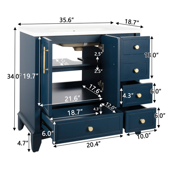 English Elm 35.6" Freestanding Bathroom Vanity with Roman Column Base and Ceramic Integrated Sink Blue W1801S00002