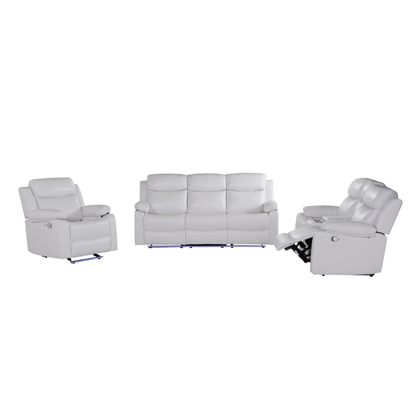 English Elm Blanche White Reclining Sofa and Loveseat Set with Console Storage Cup Holders Pillow-Top Arms and Medium-Firm Seating 3PC LED Lights B201S00432
