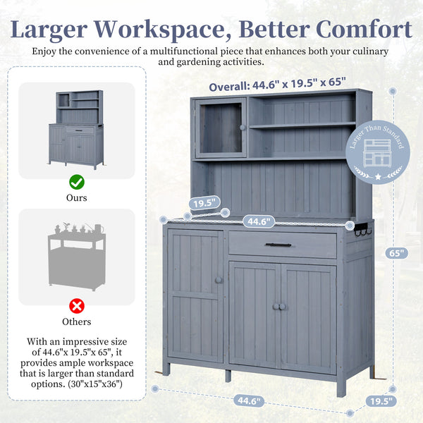 English Elm (with Hutch) Topamx Solid Fir Potting Bench Patio Workstation Spice Rack Drawer Gray N717P404330E