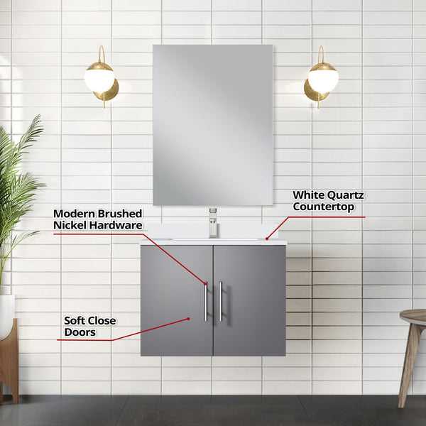 English Elm Dark Grey Single Bath Vanity Set With White Quartz Countertop, Mirror, And Faucet - Modern Elegance B2731S01296