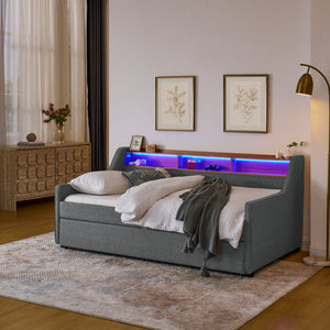 English Elm Twin Size Upholstery Sofa Bed With Led Lighting, Wireless Charging & Storage Trundle For Modern Living W1413S00057-GIGA