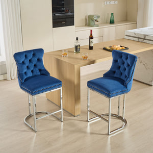English Elm 25" Elegant Tufted Counter Bar Stools Set of 2 with Plush Spring Cushion and Chrome Durable Base Blue W1143P217852