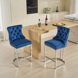 English Elm 25" Counter Height Bar Stools Set Of 2, Modern Velvet Barstools With Button Back&Rivet Trim Upholstered Kitchen Island Chairs With Sturdy Chromed Metal Base Legs Farmhouse Bar Stools, (Blue,2 Pack)