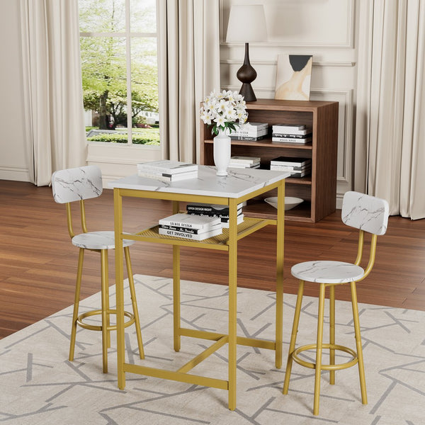 English Elm Bar bar table set of 3 with 2 backrest stools and partition — durable iron frame, modern counter dining solution White+Gold W578P303856