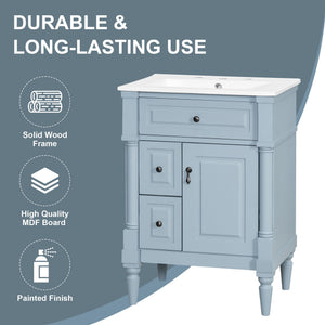English Elm 24 Inch Freestanding Vanity with Ceramic Sink Rubberwood Frame Matte Finish Storage Blue+Grey N725P356058E