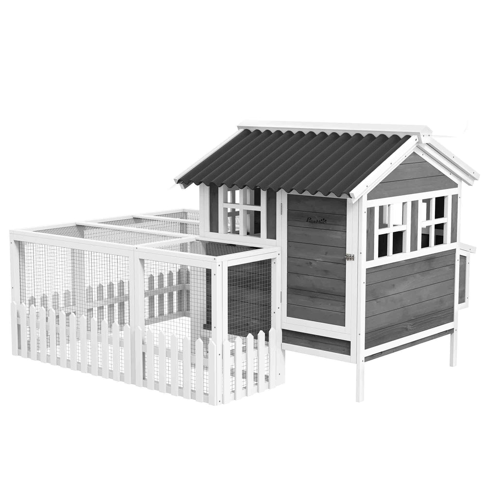 English Elm Wooden Fir Backyard Chicken Coop with Galvanized Mesh Run and Pull-out Cleaning Tray T3971S00080