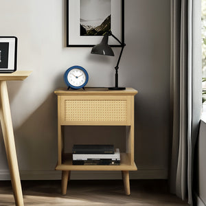 JLA Home 510 Design - Rattan Mid-Century Side Table with Drawer, Open Shelf, USB/USB-C Charging & Warm LED Light FUR120-0057