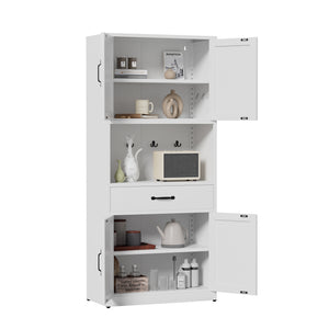 English Elm 71 Inch Steel Kitchen Pantry Cabinet with Adjustable Shelves Drawer and Hooks Modern White T2398P413028