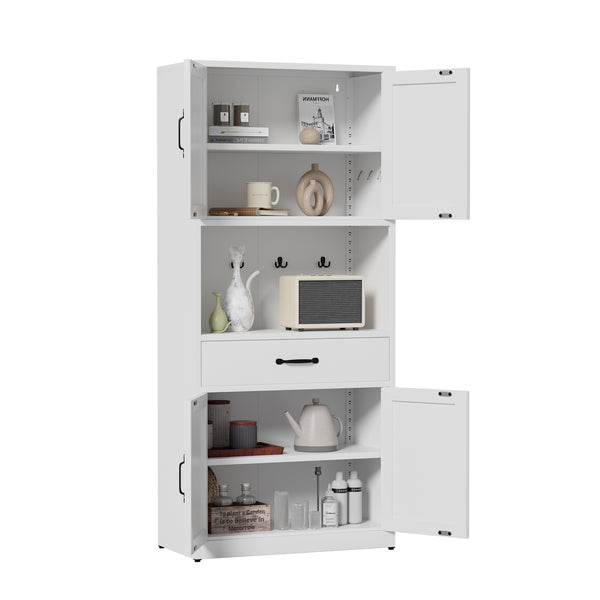 English Elm 71 Inch Steel Kitchen Pantry Cabinet with Adjustable Shelves Drawer and Hooks Modern White T2398P413028