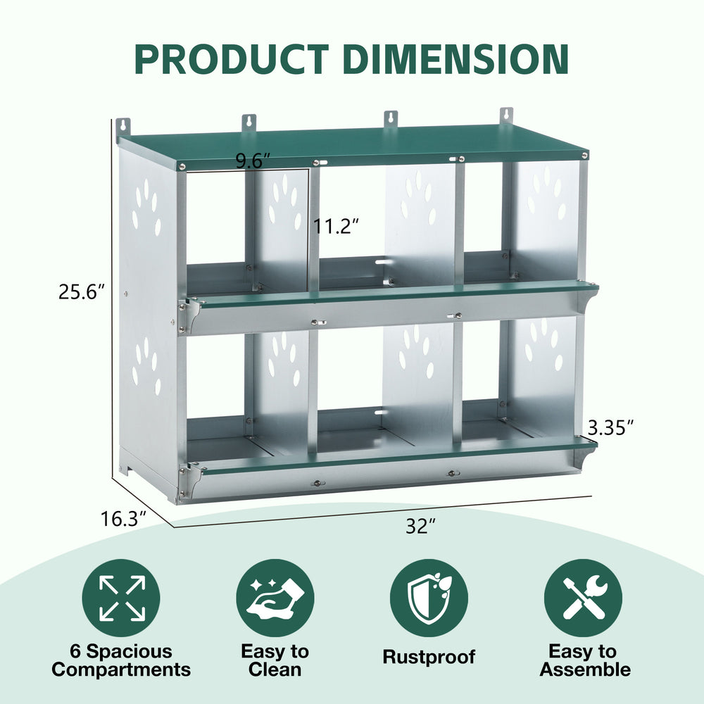 English Elm Chicken Nesting Box 6 Compartment Galvanized Steel Wall Mount Coop Egg Collector W1422P246452