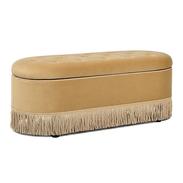 English Elm Jennifer Taylor Home - Melinda Oval Tufted Storage Bench with Bullion Fringe, Gold Velvet Upholstery, Vintage Charm Yellow B2719P238471
