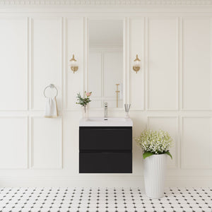 English Elm 24'' Wall Mount Bathroom Vanity Fluted Smoked Walnut Soft Close Drawer Quartz Basin W1920P385471