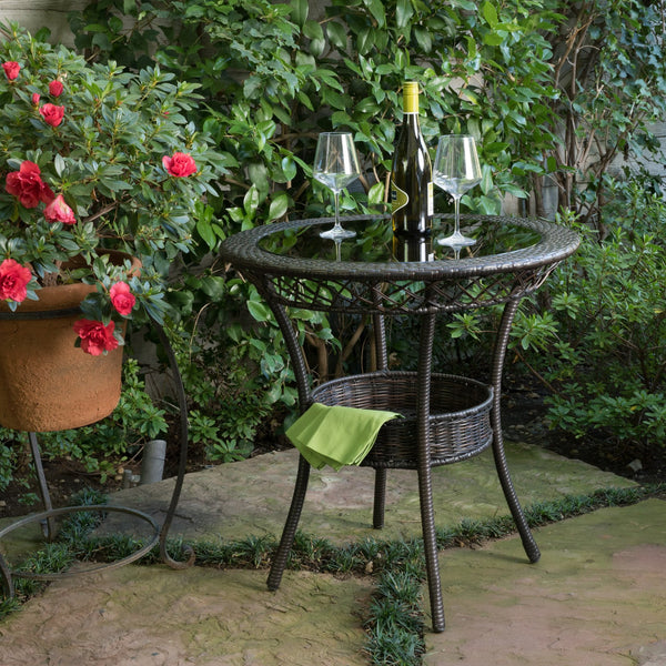 English Elm Christopher Knight Home® - FIGI Paea 27" Glass Table Brown Multi – Durable PE Wicker & Iron Bistro Table with Storage Basket 53082.00IRNKD