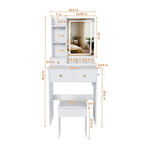 English Elm Modern Vanity Desk with Led Mirror 3 Drawers Built-in Outlet and Matching Chair White W509P465832