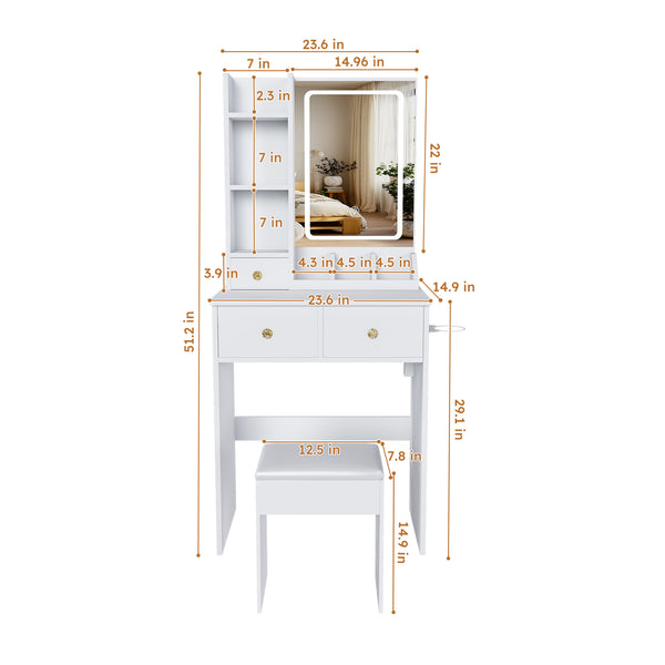 English Elm Modern Vanity Desk with Led Mirror 3 Drawers Built-in Outlet and Matching Chair White W509P465832
