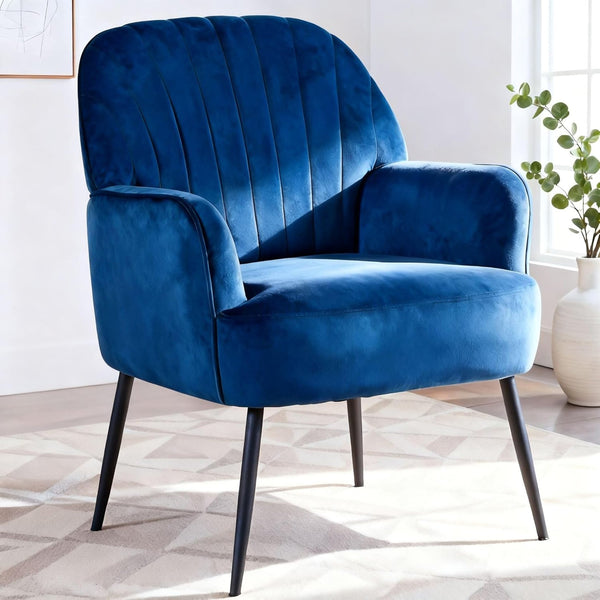 English Elm Velvet Barrel Accent Chair Tufted Shell Back with Metal Legs for Living Room Blue W5722P462510