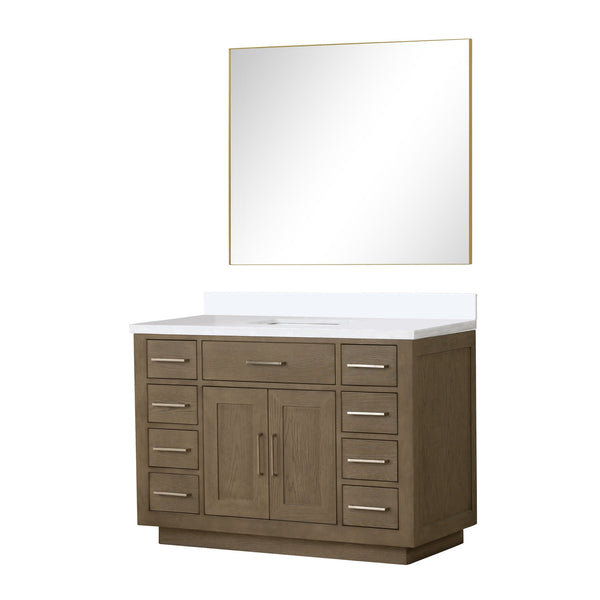 English Elm Grey Oak Single Bath Vanity With White Quartz Top And 46 In. Frameless Mirror For Modern Spaces B2731S01408