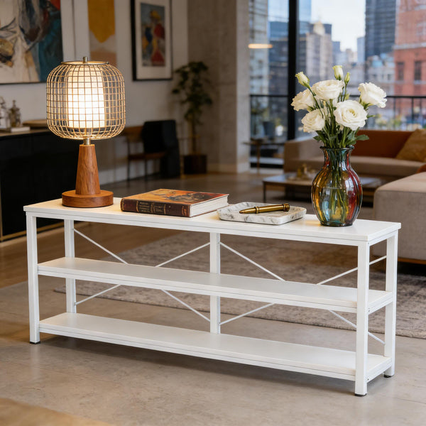 English Elm Display Shelf Extra Long Console Table with Three Open Tiers and Industrial X Frame T3971P453174