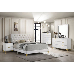 English Elm James White Queen Bedroom Set with Leatherette Bed Gold Hardware and Storage B062S01575