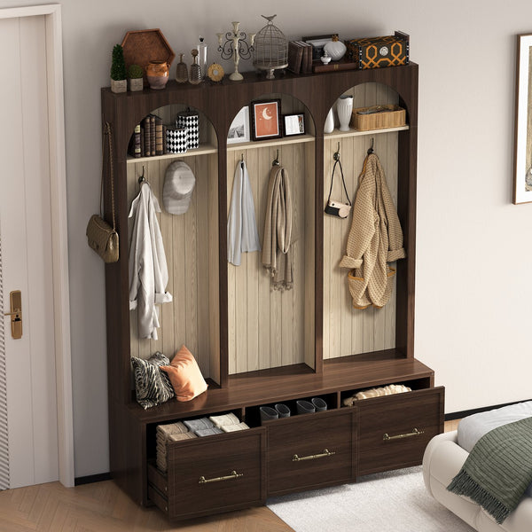 English Elm Farmhouse Hall Tree with Arched Panels Bench Drawers and Hooks for Mudroom Entryway Walnut W5271S00006