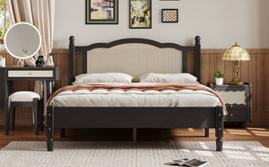 English Elm Queen Arched Rattan Headboard Platform Bed Matte Pine Frame No Box Spring Needed Black N733P180013B