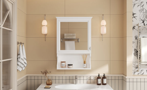 English Elm 20'' Half-Moon Wall Medicine Cabinet with Mirror, Solid Wood Frame, Soft-Close Hinges, Space-Saving Elegance White N710P313827K