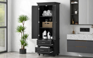 English Elm Tall Slim Storage Cabinet with Adjustable Shelves, 2 Drawers & Doors, Anti-Tip Design for Bathroom Black WF299284AAB