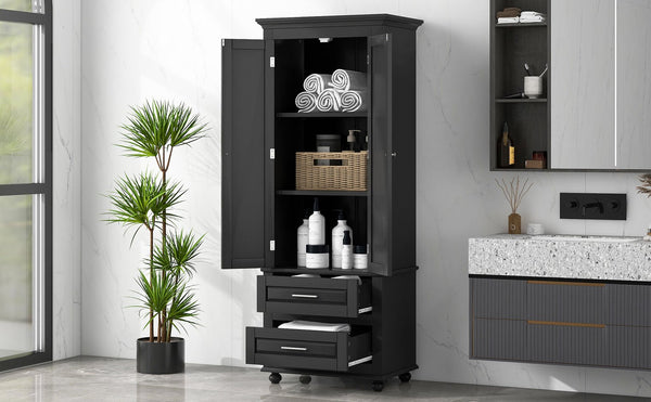 English Elm Tall Slim Storage Cabinet with Adjustable Shelves, 2 Drawers & Doors, Anti-Tip Design for Bathroom Black WF299284AAB