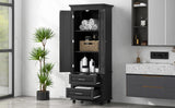 English Elm Tall Storage Cabinet With Two Drawers For Bathroom/Office, Black