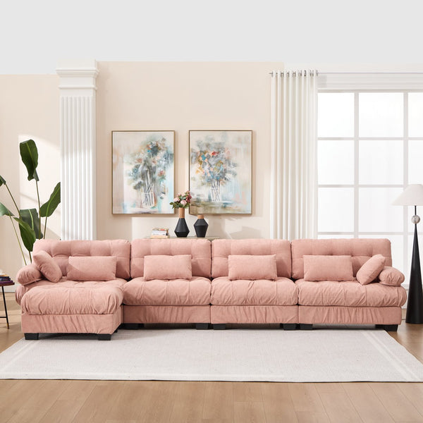 English Elm Modular Cloud Sofa Deep Seat Flannelette Sectional with Round Armrests for Living Room Pink W2120S00048